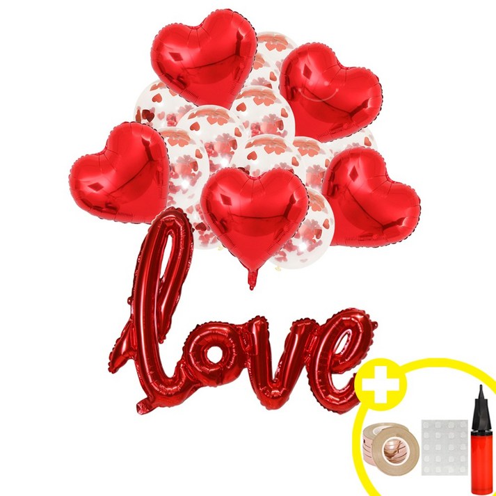 러블리 파티 love 하트 은박풍선 컨페티 혼합풍선 파티용품세트 인생샷 포토존 연출템 5옵션 에브리띵스마일 1228, 1세트, 레드 컨페티 풍선