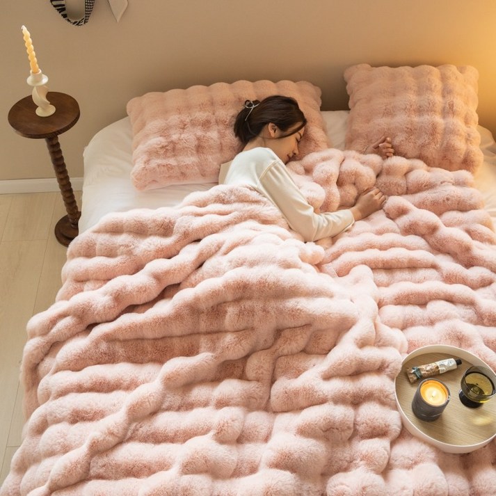 YOUPAN 부드럽고 따뜻한 비쥬얼 인조 토끼털 양면 극세사 ins 담요
