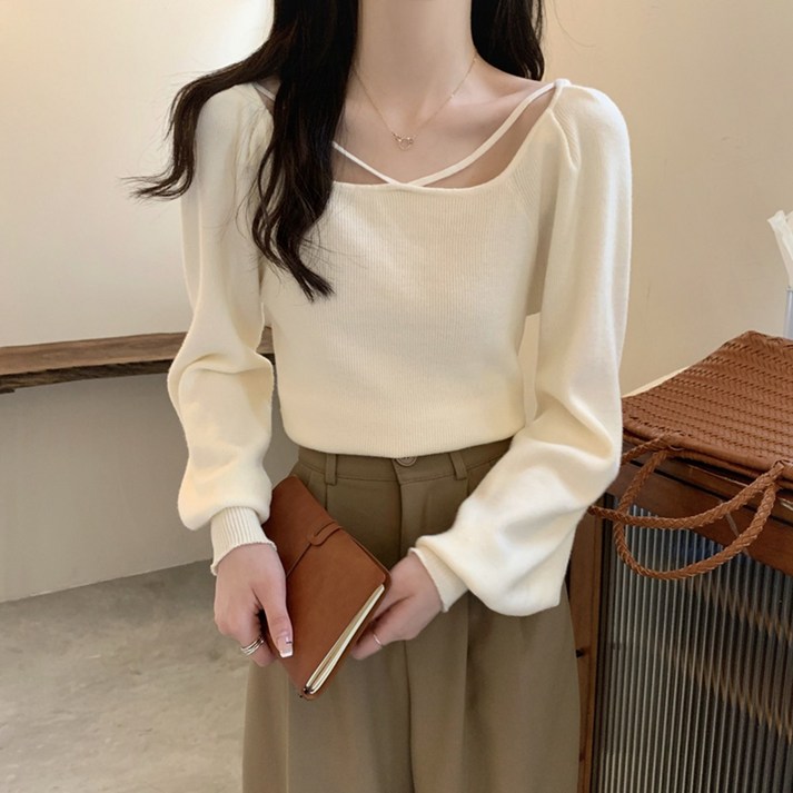 채윤맘 가을 겨울 신상 스퀘어넥 퍼프 소매 이너 니트 ML0116A