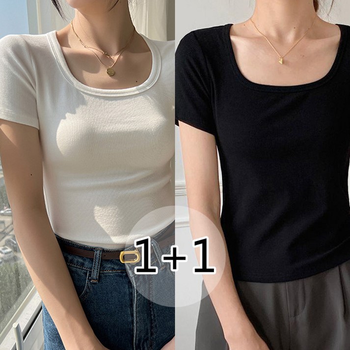 슬림소녀 11 여성 스퀘어넥 심플 반팔티셔츠 간절기 티셔츠