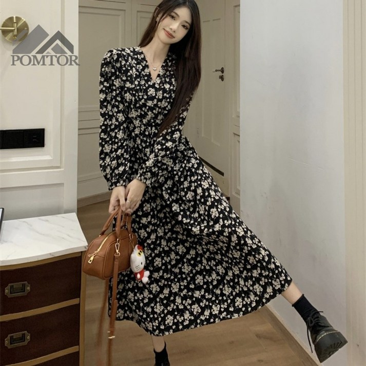 POMTOR 가을 원피스 여자 블랙 롱 원피스 휴양지 플라워 원피스 휴양지룩 데일리룩
