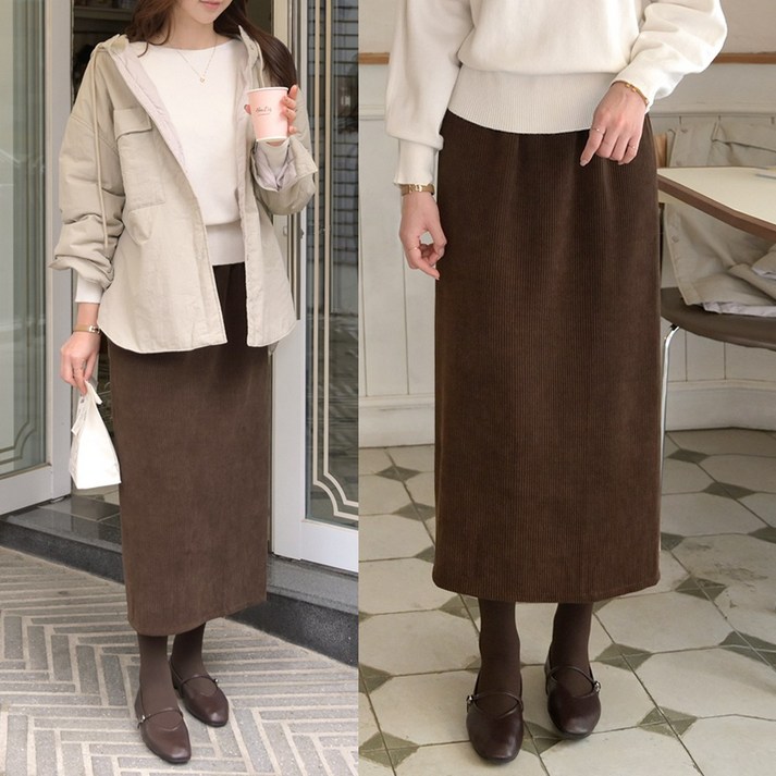 데일리앤 넬란 기모 코듀로이 H라인 골덴 롱스커트 밴딩 롱 치마 가을 겨울