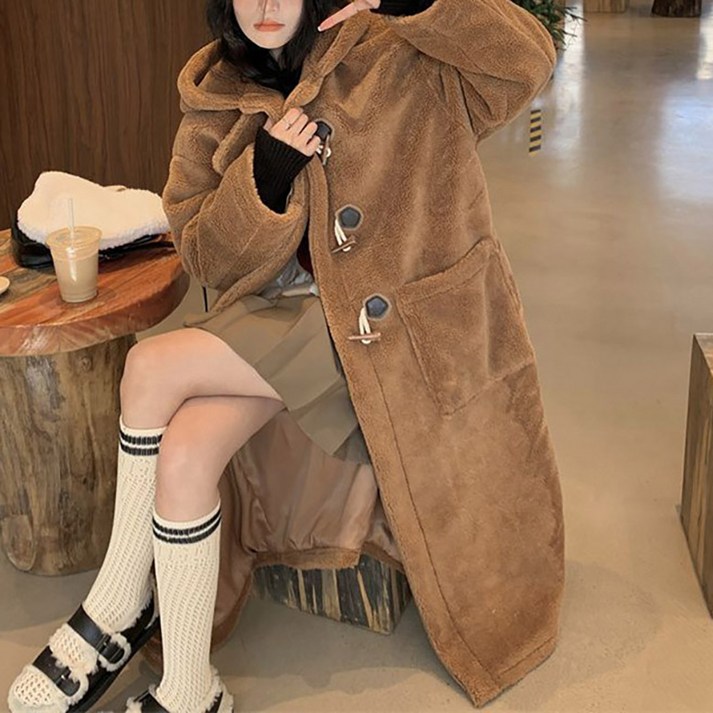 여성 가을 겨울 부클 램스울 솔리드 코트 기질 후드 따뜻한 코트