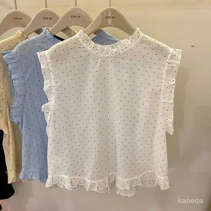 러플 프릴 도트 민소매 블라우스, 청순하고 사랑스러운 무드 완성, 가벼운 착용감과 세련된 디자인의 봄여름 필수 아이템 TX