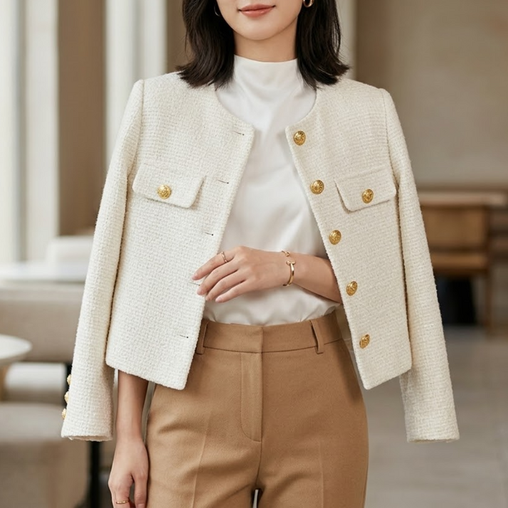 금장버튼 트위드 자켓 베이직 봄자켓 하객룩 데이트룩 봄신상 여성자켓 페미닌룩