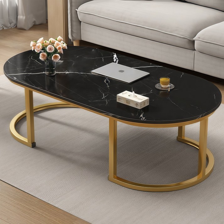 YAPOGI 가정용 대리석 무늬 우드 모조 세라믹 거실 테이블 수동 설치, 블랙