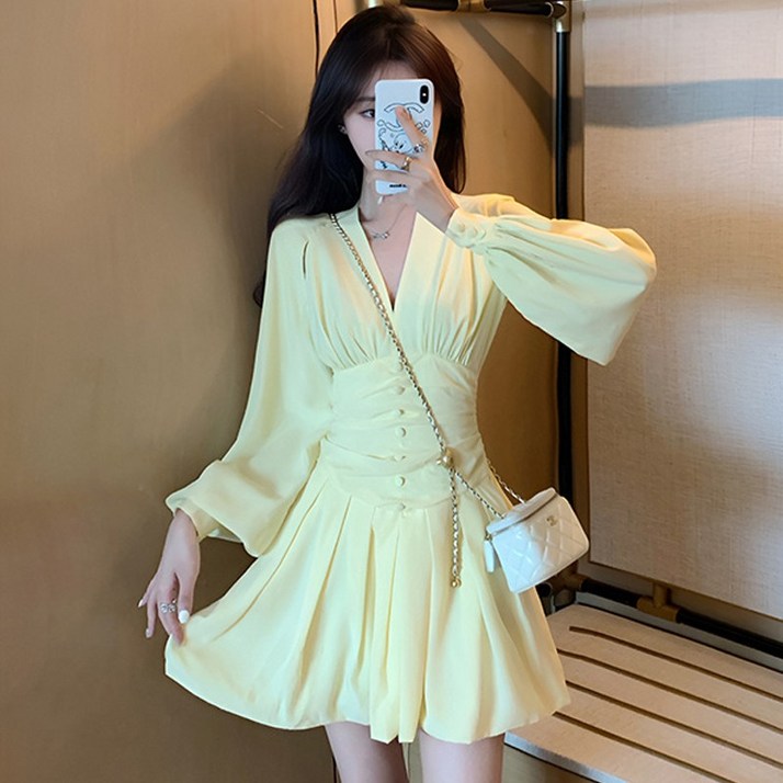 COSYEVNO 브이넥 미니 원피스 허리밴딩 패션 프릴 봄 여성 스커트