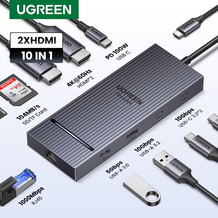 UGREEN 유그린 Revodok Pro 10 in 1  도킹 스테이션 듀얼 HDMI 2.0 4K@60Hz 디스플레이 10Gbps PD100W  USB C 멀티허브