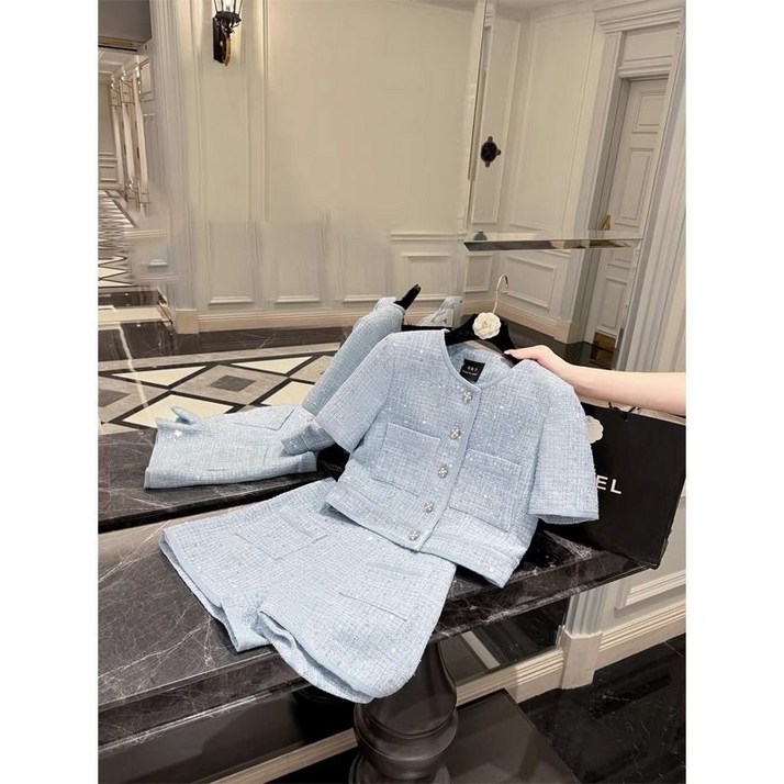 여성 반팔 트위드 세트 봄여름 기질 소향풍 상의 캐주얼 슬림핏 반바지 투피스 패션 하개룩 슈트 WMY