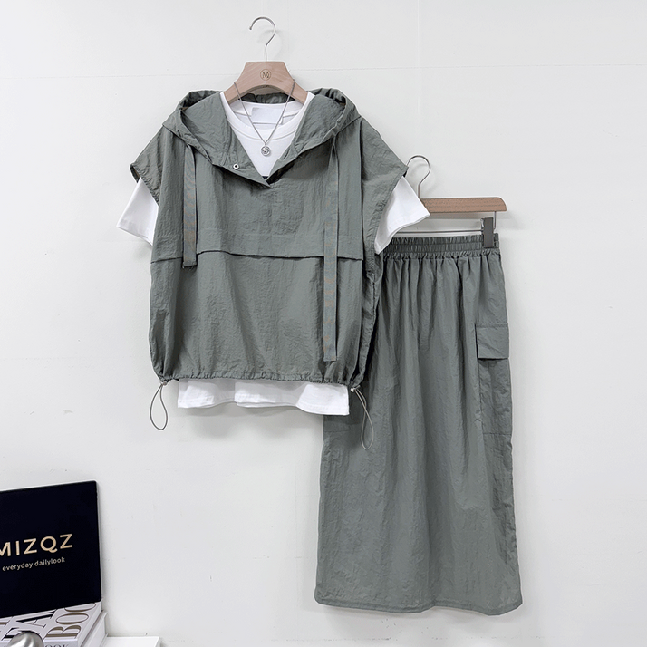 바스락 스냅 버튼 후드 스트링 조끼 + 밴딩 카고 롱 스커트 투피스 세트 3color