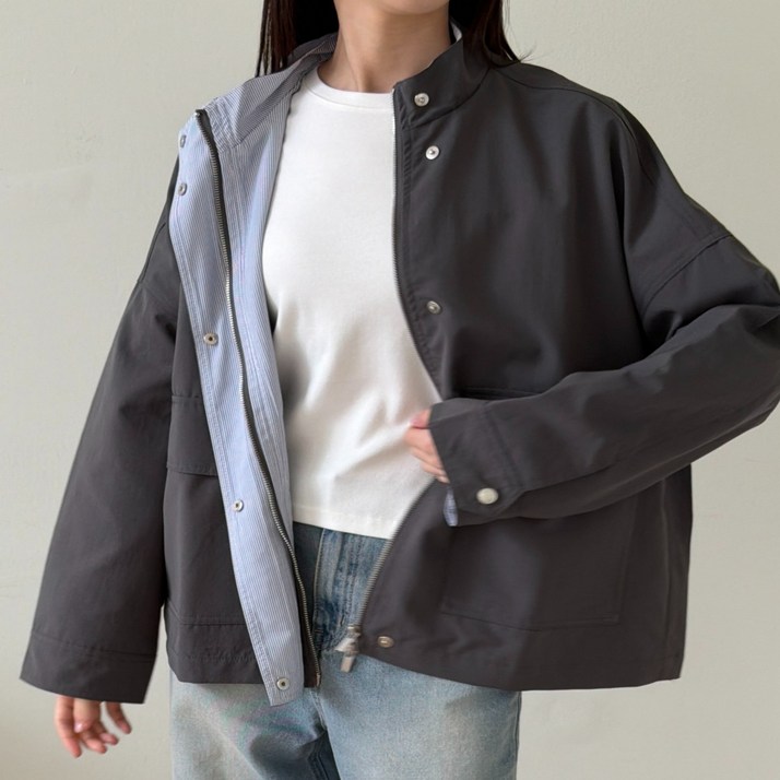 로야셀 여성용 봄 하이넥 워크자켓 스트라이프 배색 빅사이즈