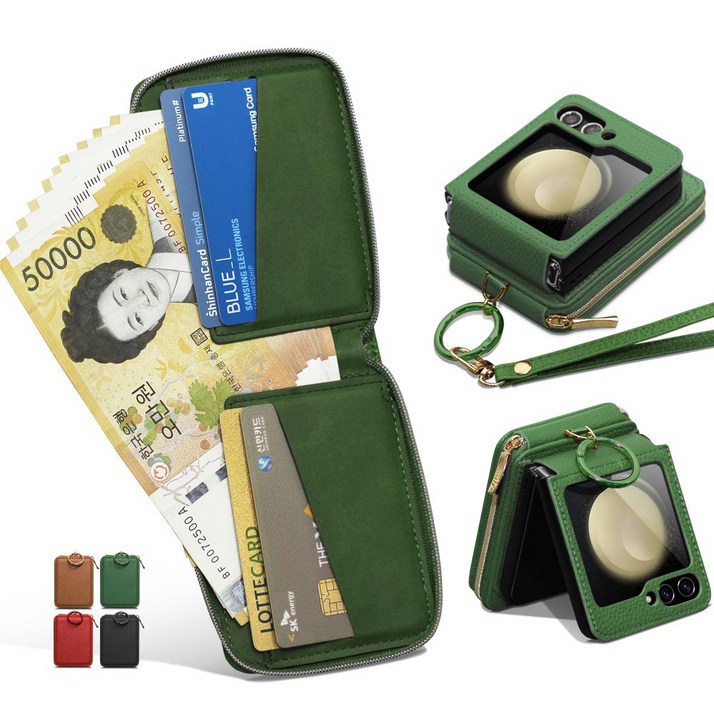 Z플립 7 6 5 4 3 지갑형 대용량 현금 수납 카드4장 손목, 롱 스트랩 핑거 링, 힌지보호 갤럭시 제트 플립 정품 지폐 폰케이스 고급 PU 가죽 핸드폰 케이스 제이콥스타일