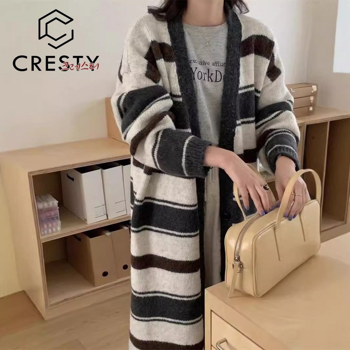 크레스티 여성 가을겨울 데일리 니트 코트 루즈핏 단가라 롱 가디건