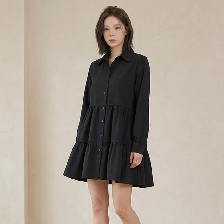 오브나인 긴소매 셔츠 카라 캉캉 미니 원피스 2color델로나