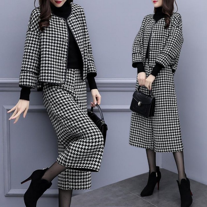 FANSYLI 가을 겨울 신상 캐주얼 세트 패션 숏 체크 재킷 밴딩 허리 스트레이트 통 와이드 팬츠 투피스 여성 프리미엄 빅 사이즈 통근 세트 X2408A15