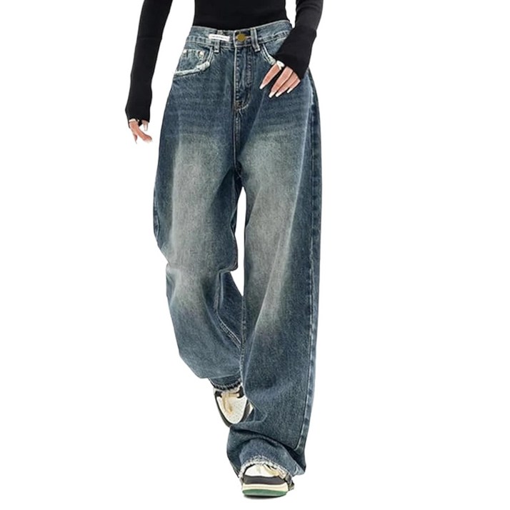 에미올 빈티지 세미 하이웨이스트 와이드 밴딩 레그 데님팬츠 EPJN002