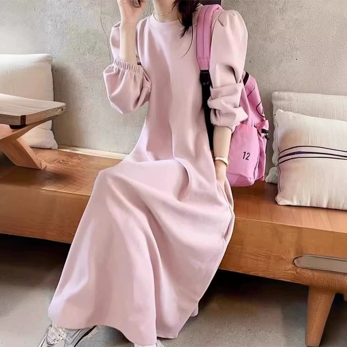 Sorpci 봄가을 슬림핏 맨투맨 롱 원피스 여성 캐주얼 라운드넥 원피스