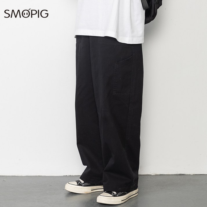 SMOPIG 와이드 팬츠 순면으로 만든 두툼하다 내마모성 남녀 공용 널찍하다 카고바지