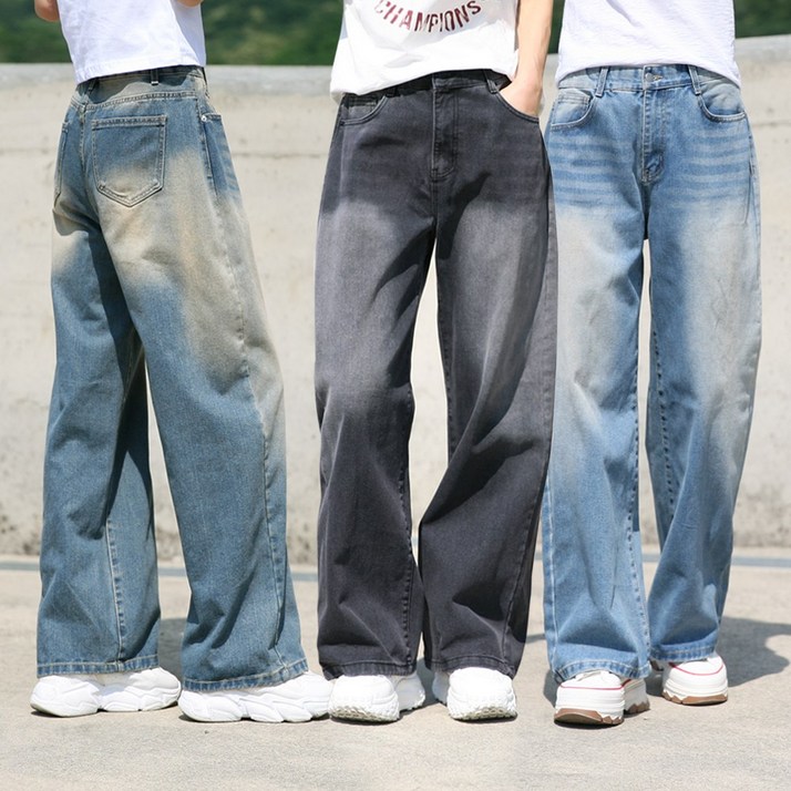동대문스타일 빅사이즈 여성청바지 S3XL 캣브러쉬 탈색워싱 와이드 데님