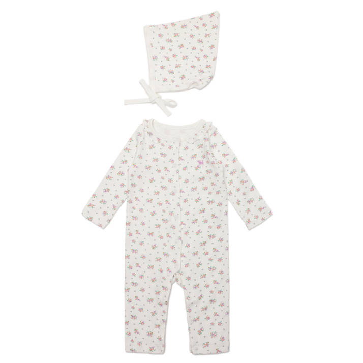 블루독베이비 부케플라워 모달 우주복+보넷 세트, 12개월 임신 출산 선물 신생아 50일 백일 아기 외출복