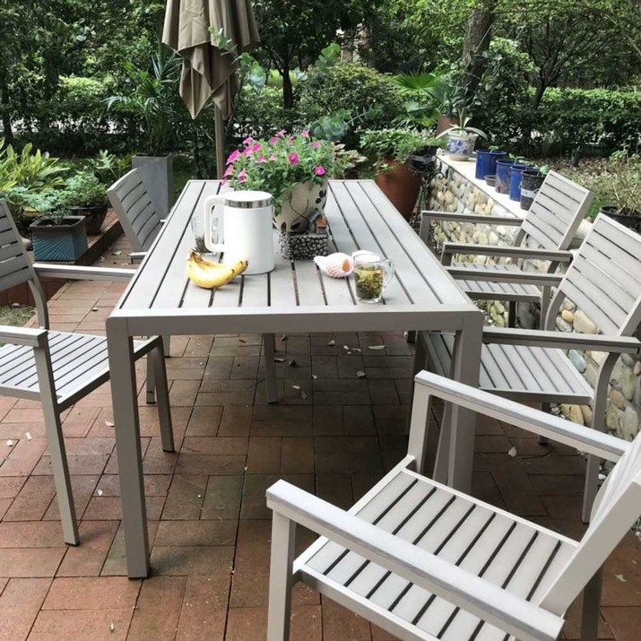 플라스틱 목재 야외 카페 테라스 정원 길이 조절 테이블 의자 세트 800 1500 1800 2000 2400, 테이블 150190×90의자4개 티크 패턴