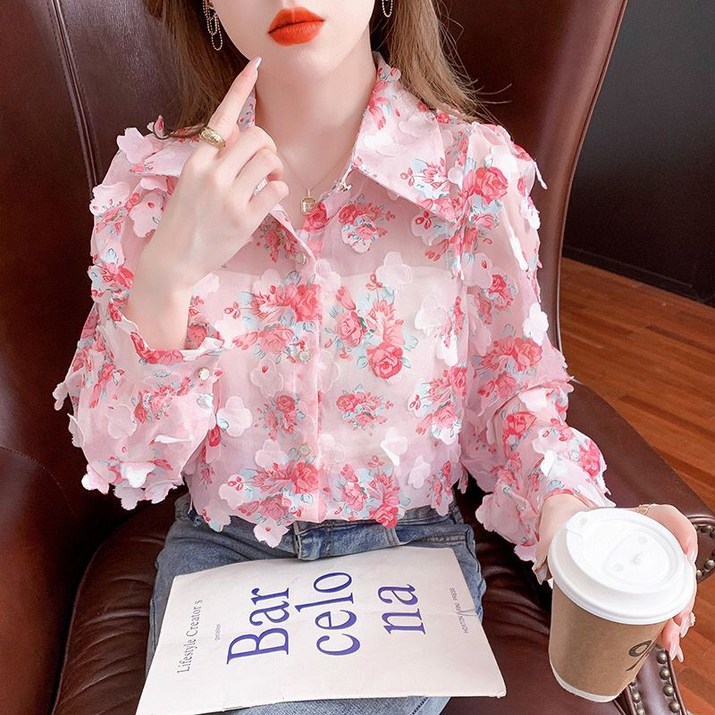 플라워 입체 플라워 쉬폰 블라우스 여성 봄가을 패션 신상 칼라로 기품 있어 보이는 슬림한 상의