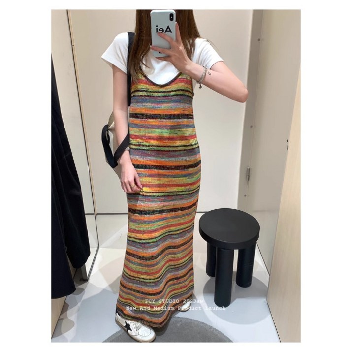 레인보우 스트라이프 니트 나시 스커트 봄가을 빈티지 바캉스룩 디자인감 원피스