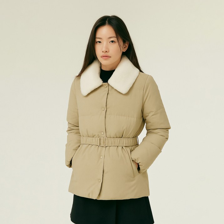 올리브데올리브 여성용 퍼카라 배색 벨티드 다운 점퍼