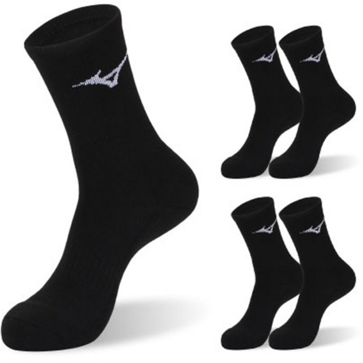 미즈노 컴피트 더블 쿠션 크루 스포츠 양말, 블랙, 5개