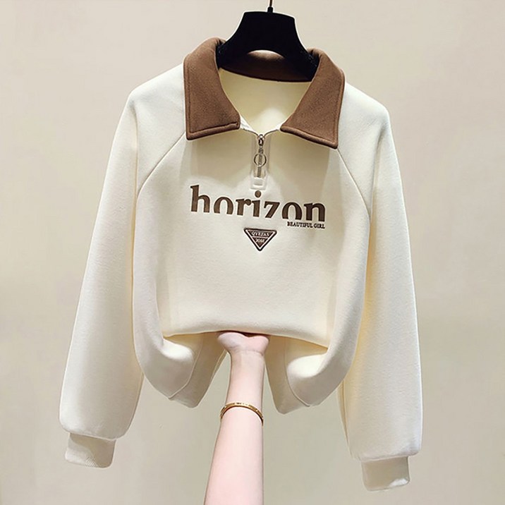 ROYALBELLE 여성 루즈핏 카라넥 긴팔 캐주얼 맨투맨 데일리 트렌디 반집업 맨투맨 F0082541