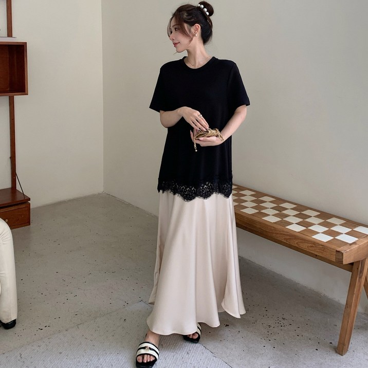 빅사이즈 여성 레이스 배색 반팔 롱원피스