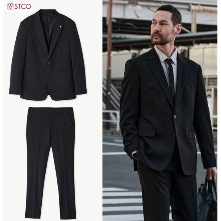 무료배송 초특가할인 STCO 에스티코 남성여름정장 내가찾던 클래식핏 끈적함없는 쿨맥스소재 출근룩 결혼식하객룩 경조사용 스판소재 솔리드 블랙정장 수트 세트