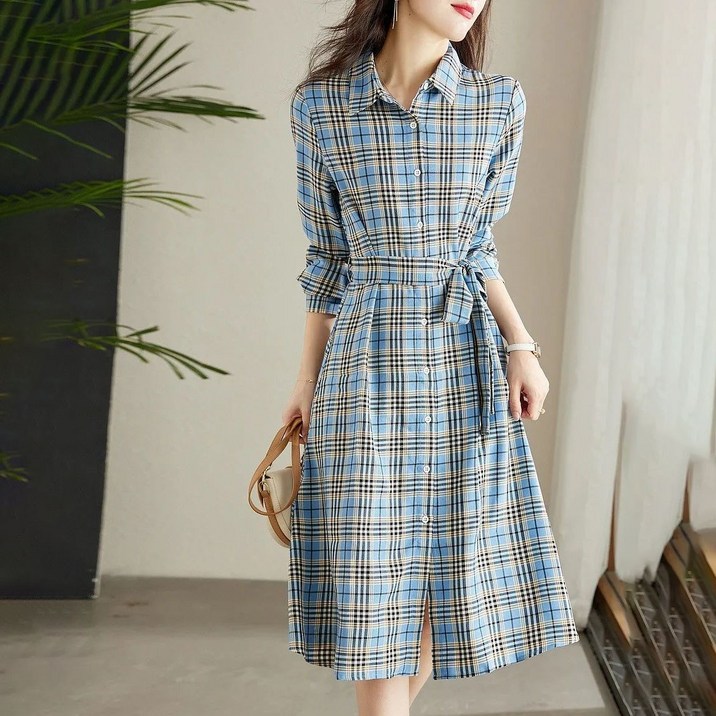 jieve 여성 봄 가을 체크 패턴 셔츠 칼라 롱 원피스 긴 소매 허리 벨트 캐주얼 드레스 SG091815