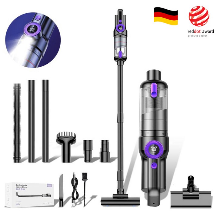 [국내발송]RichMagic 독일 16000pa브러시리스 더블 모터 강흡입력 디지털 디스플레이 LED 가정용 차량용 다용도 멀티 청소기, 흑자주색