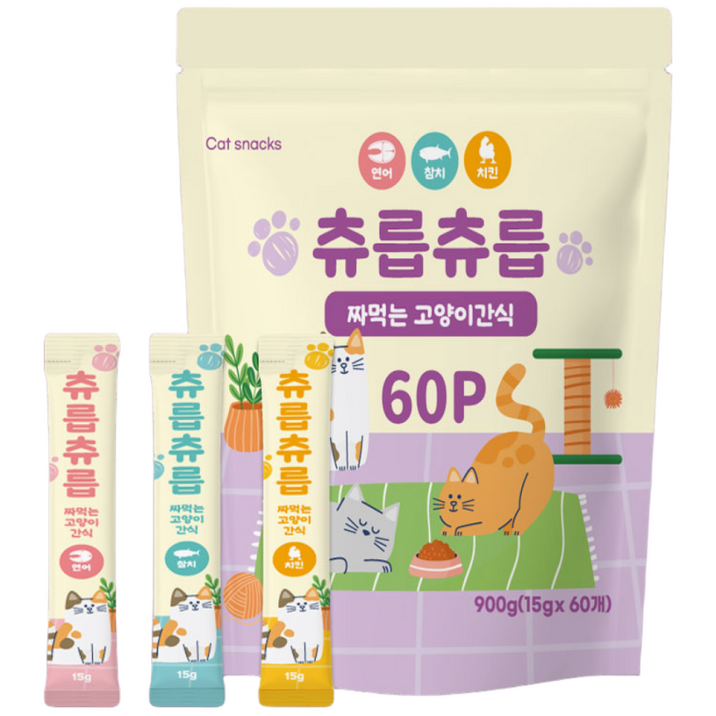 츄릅츄릅 짜먹는 츄르 고양이간식 60스틱 혼합팩 헤어볼케어, 2개, 연어+치킨+참치, 15g, 120개