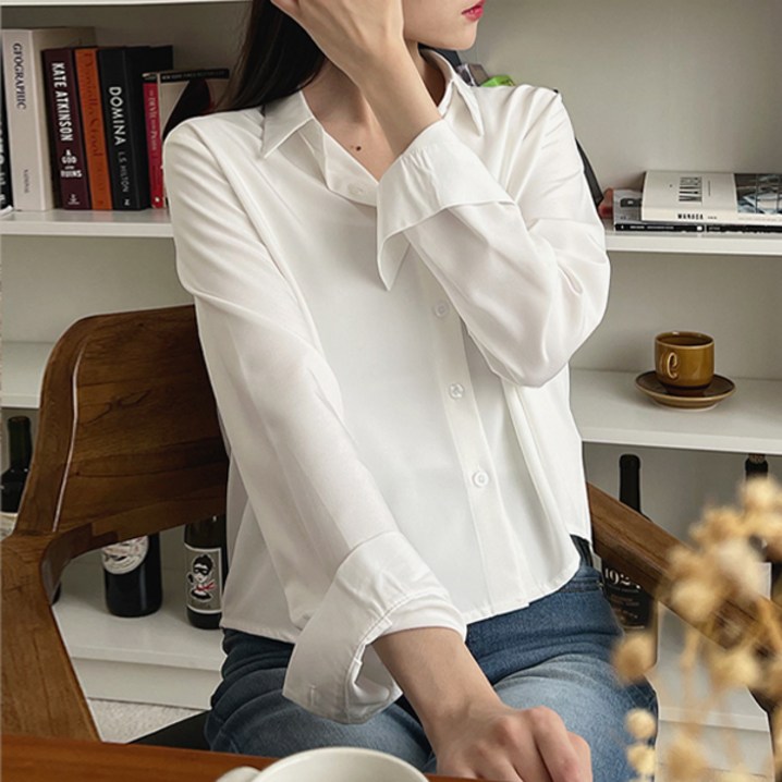 오버나인 여자 여성 데일리 링클프리 무지 크롭 긴팔 셔츠 블라우스