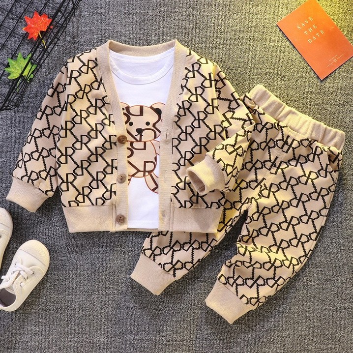 쭈니샵 체크가디건 상하 곰돌이 3종 세트 유아 아동 주니어 신상90130