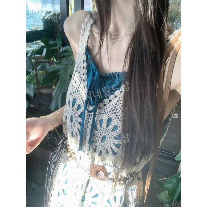여름 투피스세트 여성 휴양 외출 크로셰 레이어드 슬리브리스 원피스