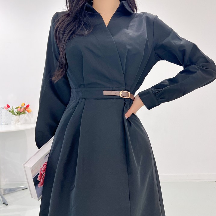 투디 오픈카라 벨티드 셔츠 플레어 롱원피스 하객룩, 3컬러 투디 오픈카라 벨티드 셔츠 플레어 롱원피스 하객룩, 3컬러