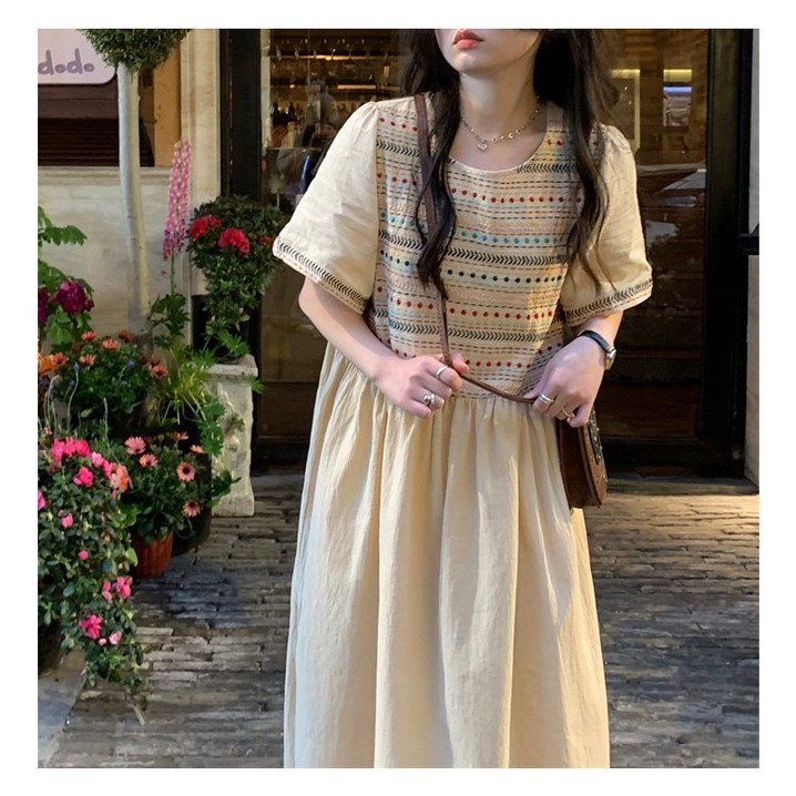 라쿠몰 에스닉 린넨 민소매 원피스 자수디테일 썸머 롱원피스