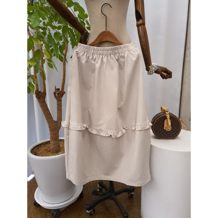 무배 어먼 톡톡 프릴 밴딩 롱 스커트