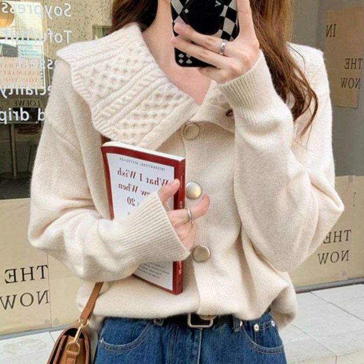 메이첼 여성용 루즈핏 빅카라 골드버튼 니트 가디건 03882