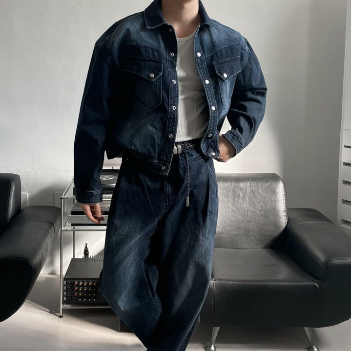 [Premium] Garo 웨스턴 포켓 원턱 와이드 데님 자켓 셋업 청재킷 아우터 바지