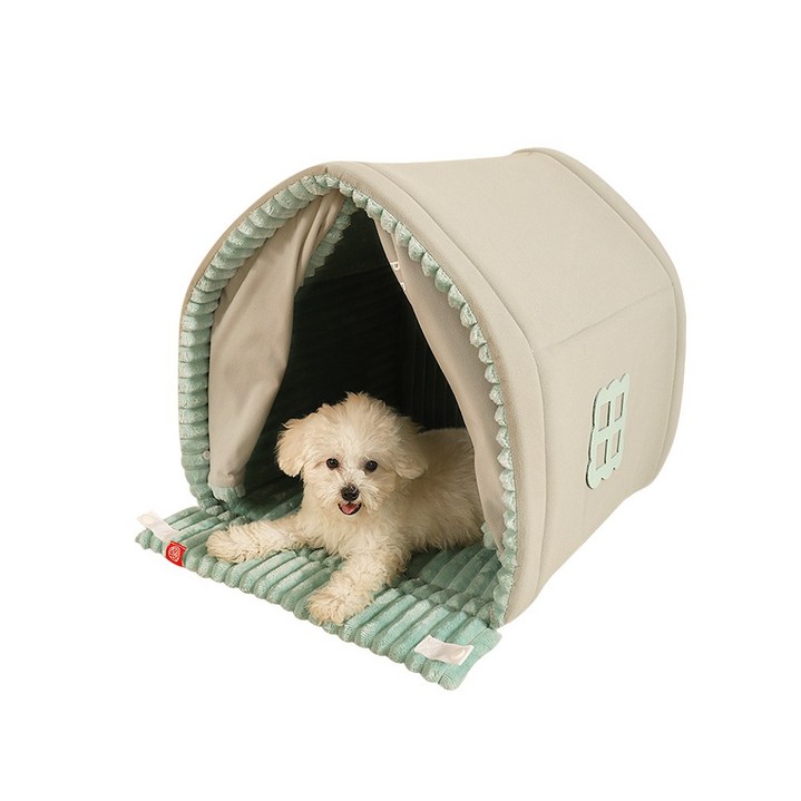 먀오샤오위안 소형견 방한 하우스, 폐쇄형 겨울 강아지 침대, 초록색, 1개