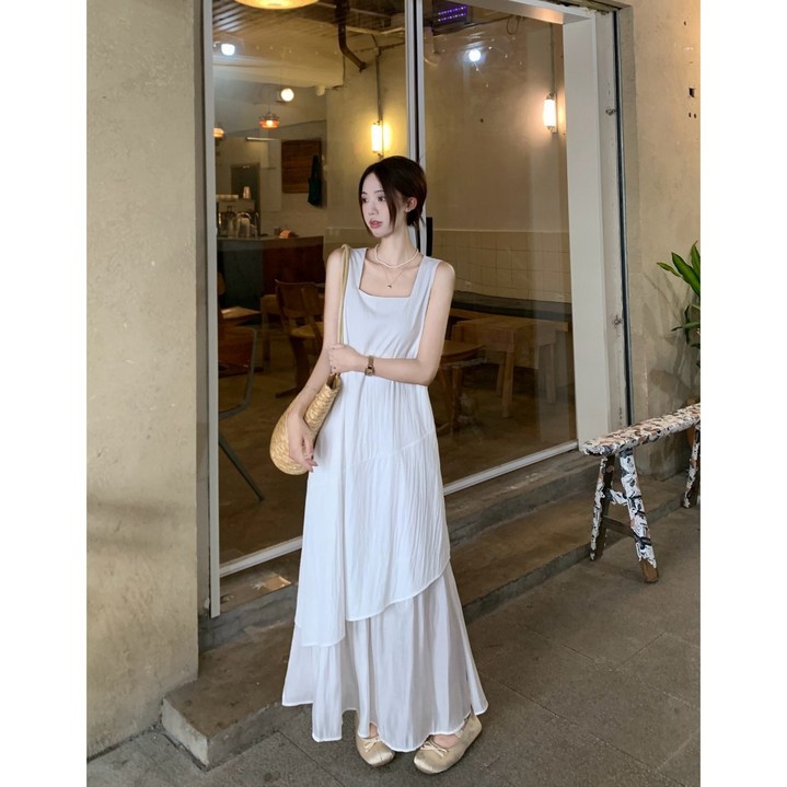 여름 투피스 세트 루즈핏 스퀘어넥 롱원피스 + 언밸런스 스커트  체형커버  피크닉룩여름코디