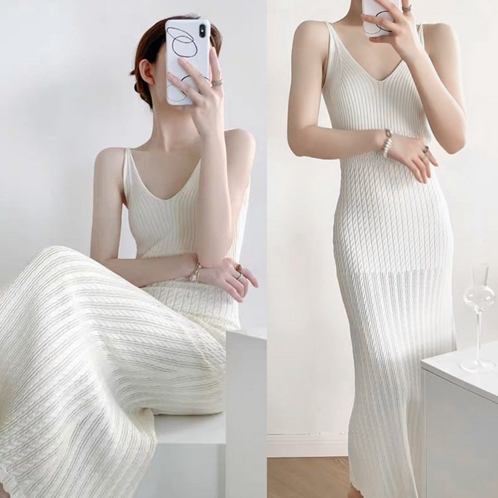 이노뱅크 INO576A 민소매 롱 레이스 펀칭 롱 니트 원피스 뷔스티에