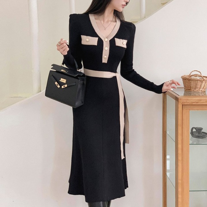 떳다그녀 달리야 배색 골지 슬림 롱 원피스