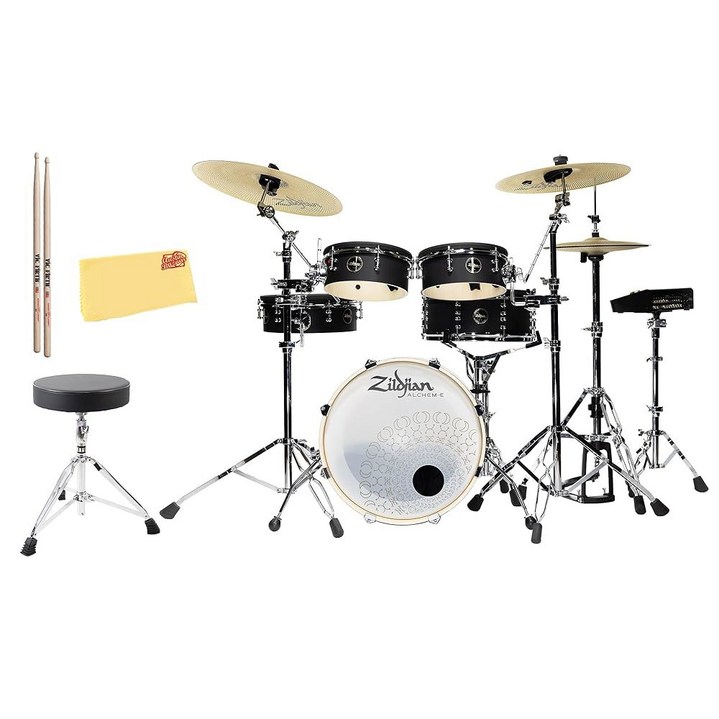드럼 왕좌, 5A 스틱, 오스틴 바자 광택 천이 포함된 Zildjian ALCHEM-E ZAGEX 골드 EX 전자 키트 번들