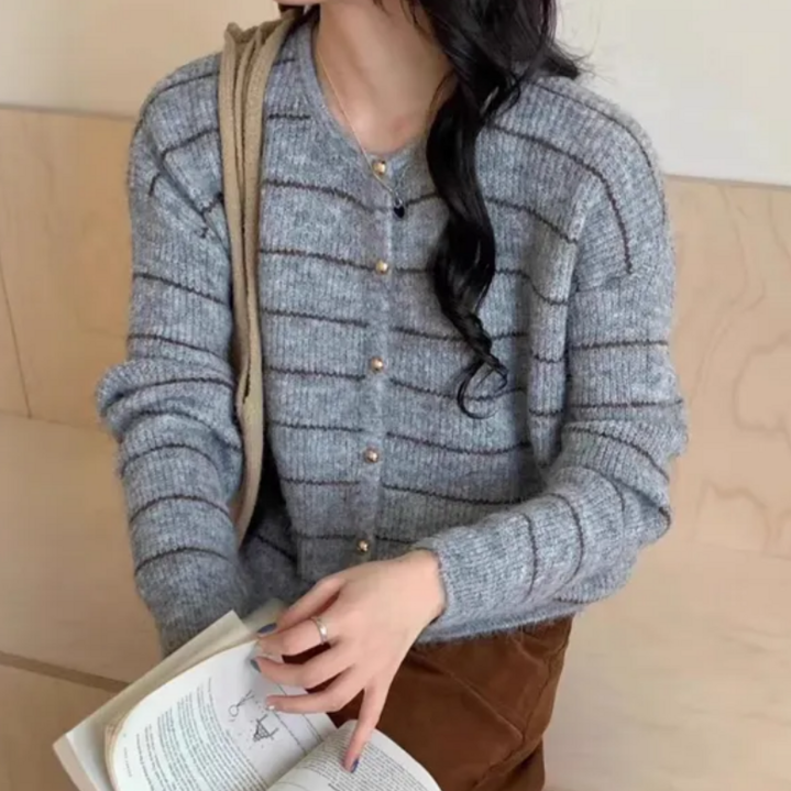 르코앤드라코 여성용 데일리 루즈핏 스트라이프 라운드넥 가디건