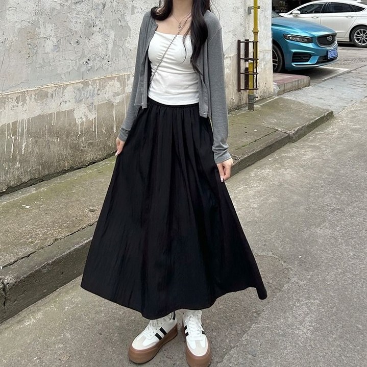 무니유유 여성 바스락 시원한 가벼운 체형커버 A라인 밴딩 스커트 긴치마